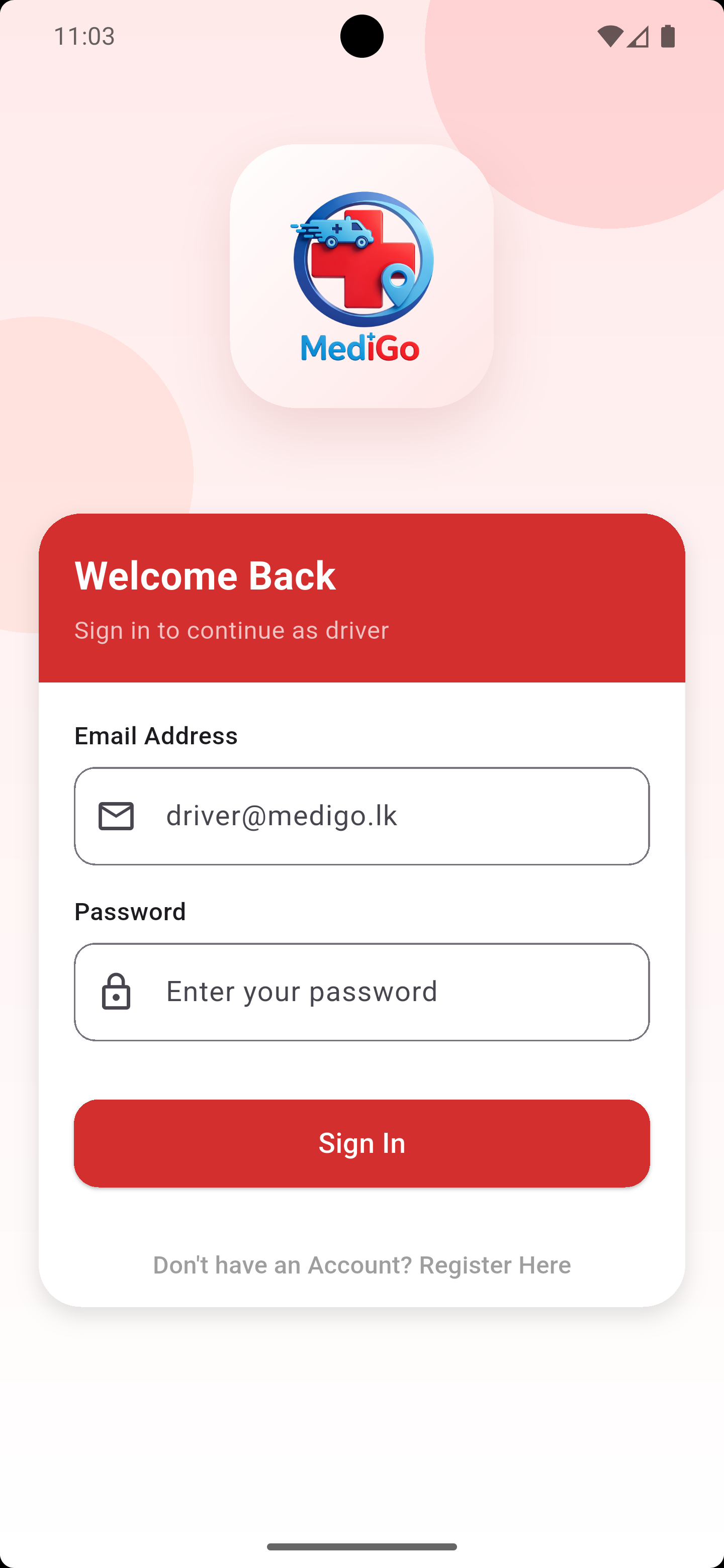 Driver app sign in screen