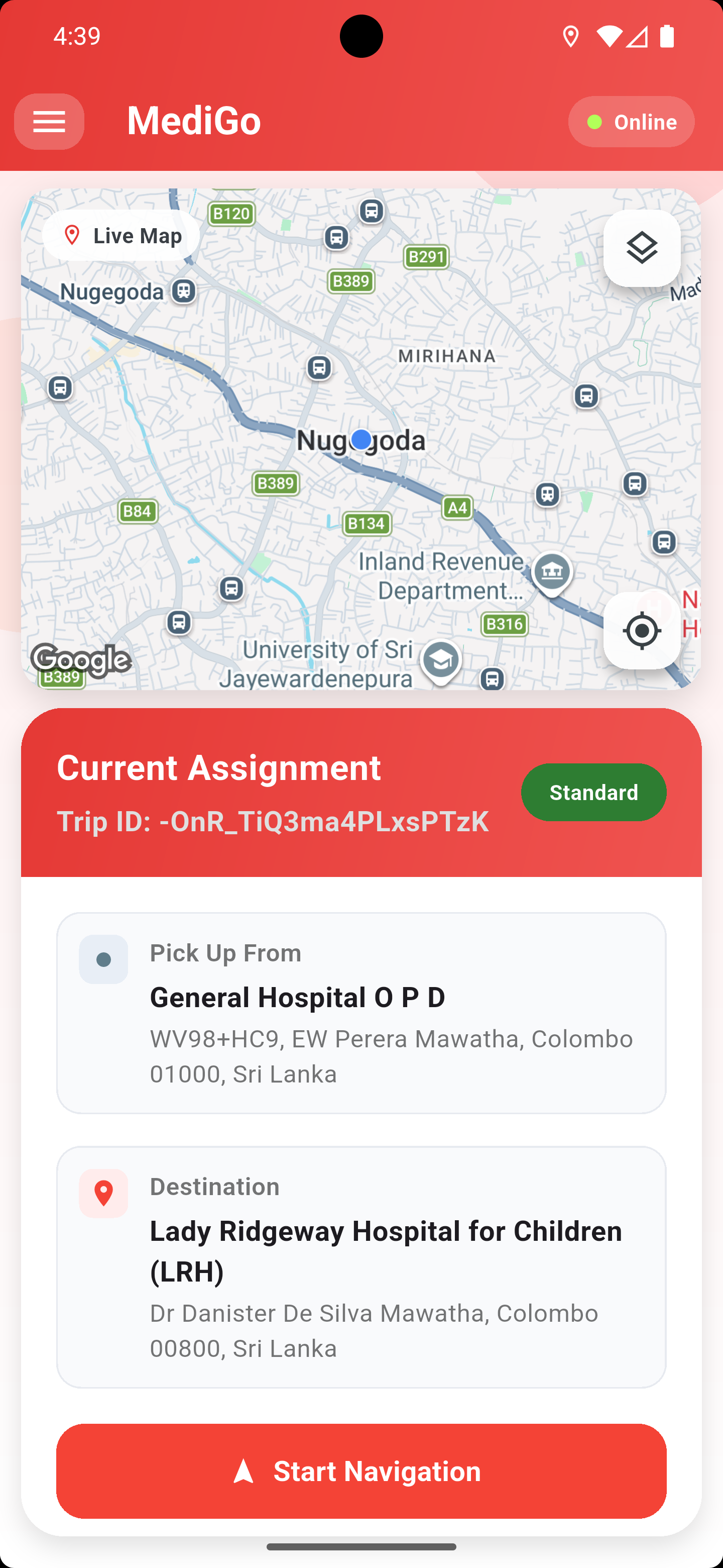 Driver app start navigation screen