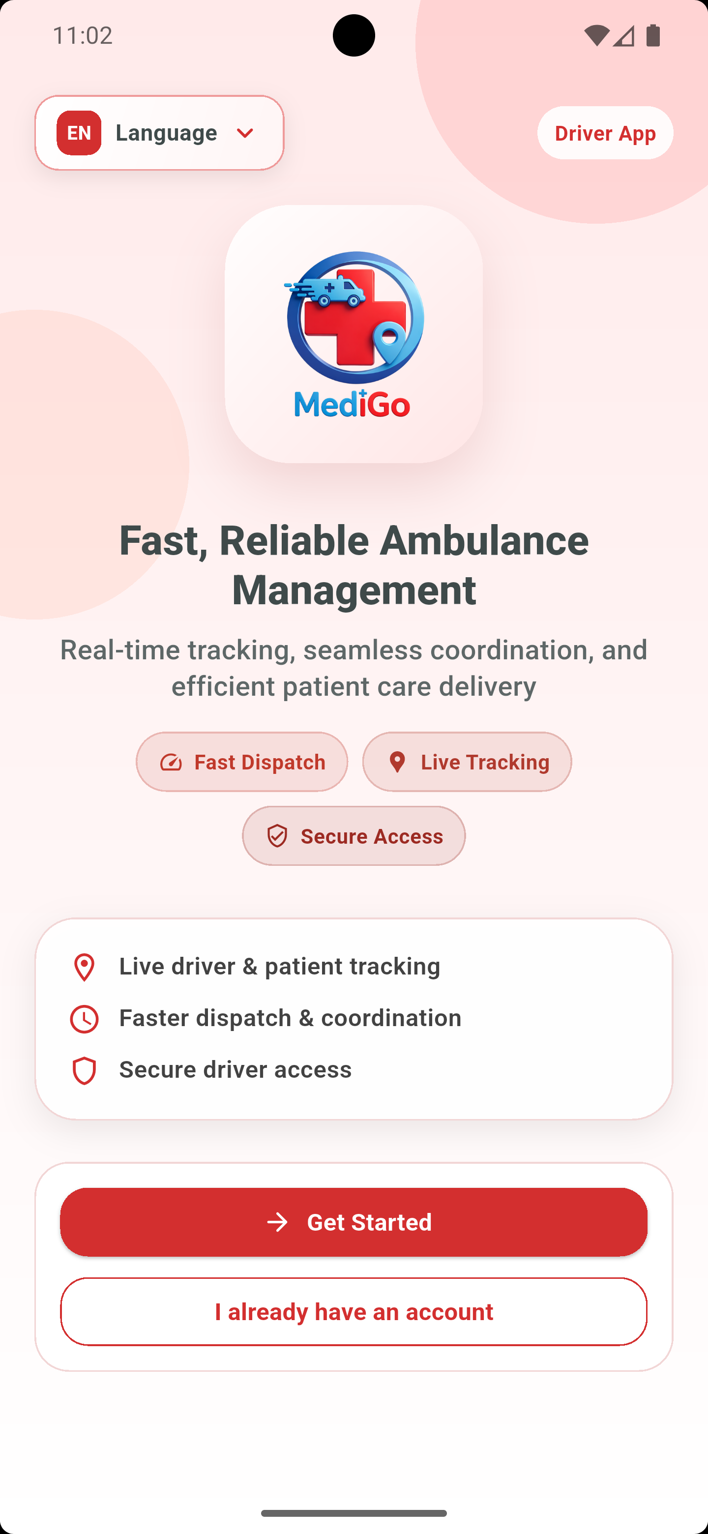 Driver app start screen